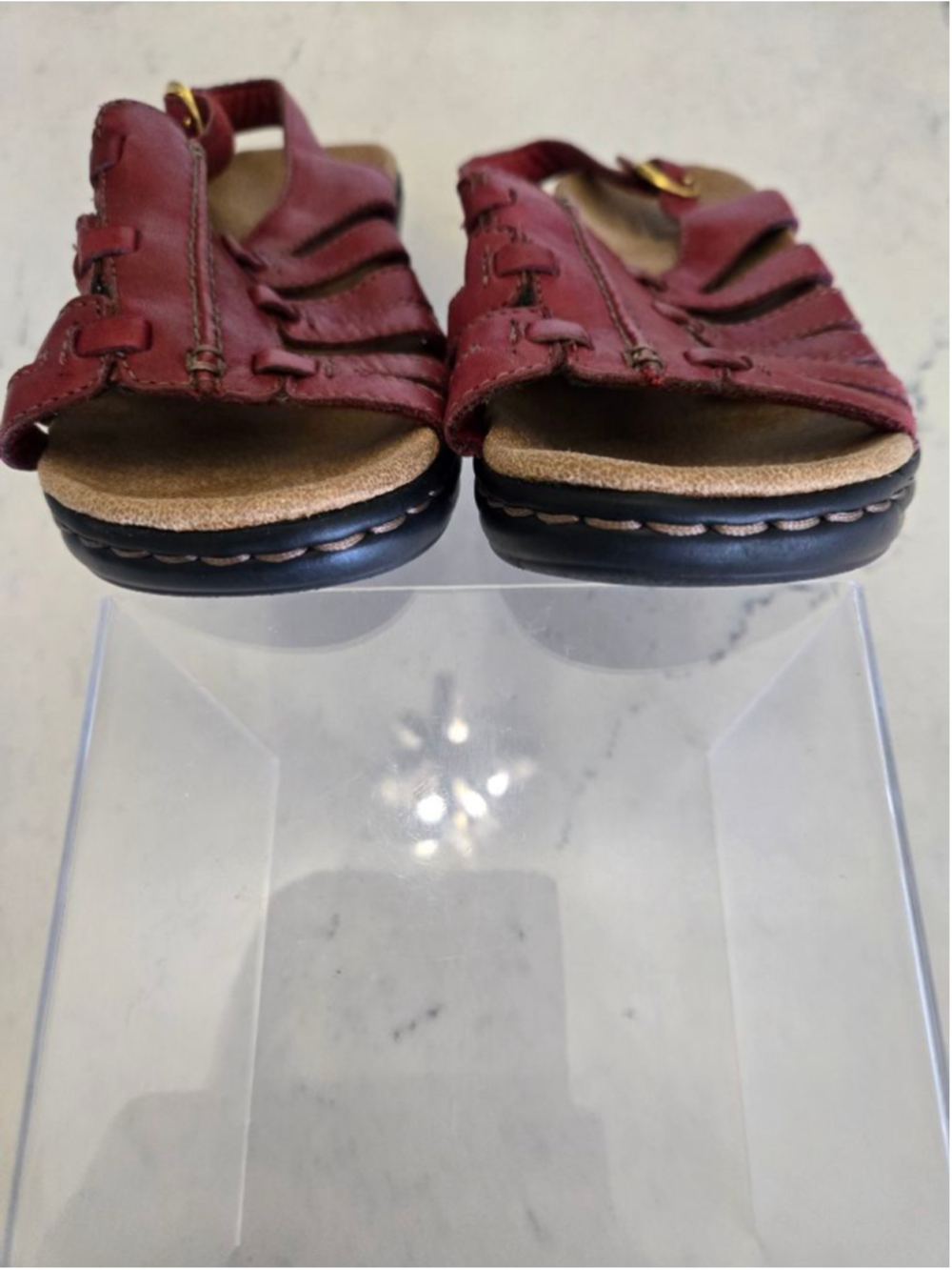 Clarks Red Leather Bendables Lexi Marigold Wedge Sandals Size 6.5 - Picture 9 of 12